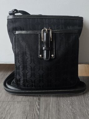 Fossil Black Monogram Crossbody Bag Silver Buckle White Contrast Stitching